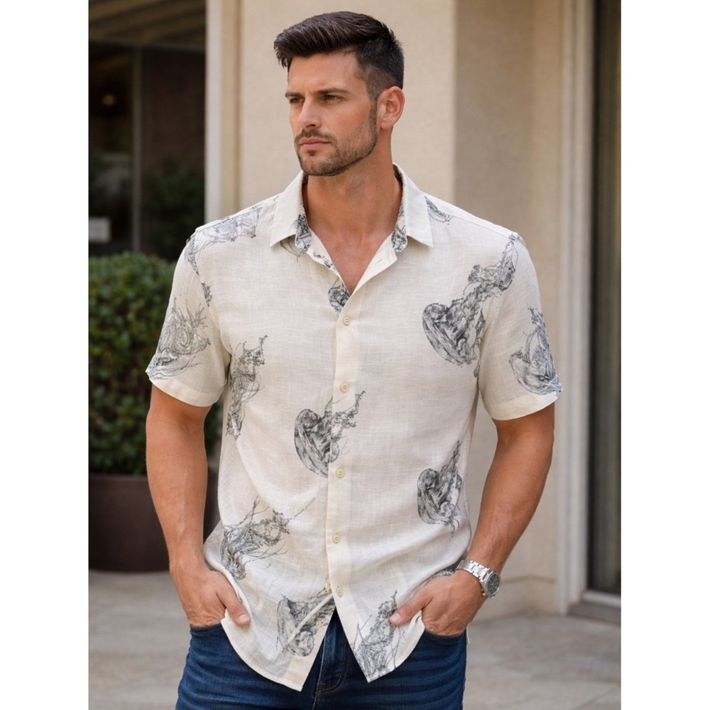 ZARA. Cream Textured, S.S Shirt- Soft Black /Cream. Jelly Fish Print. XL.